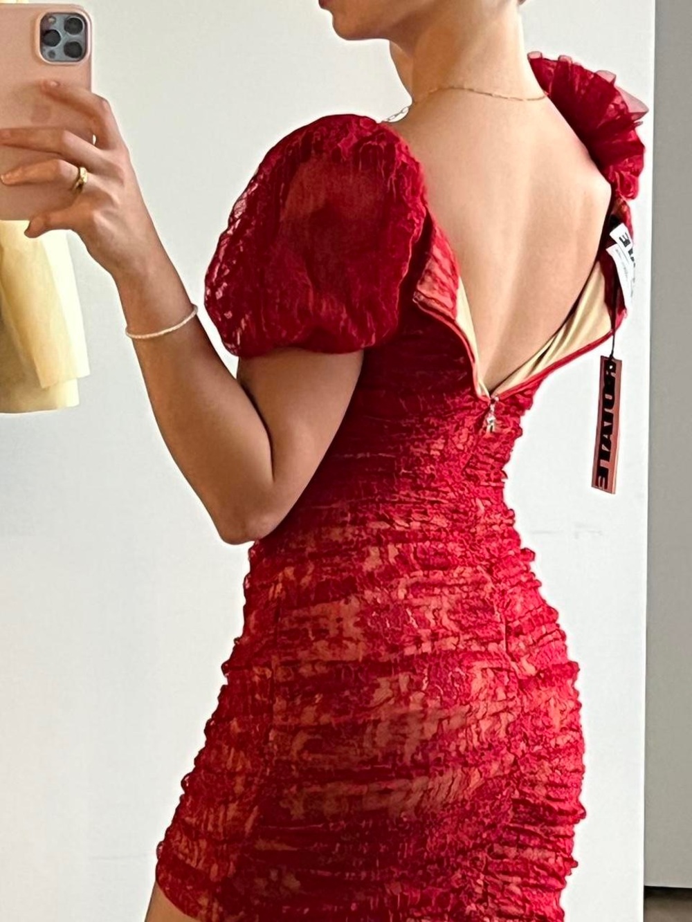 Red Ruched Puff-Sleeve Mini Dress - Picture 6 of 7